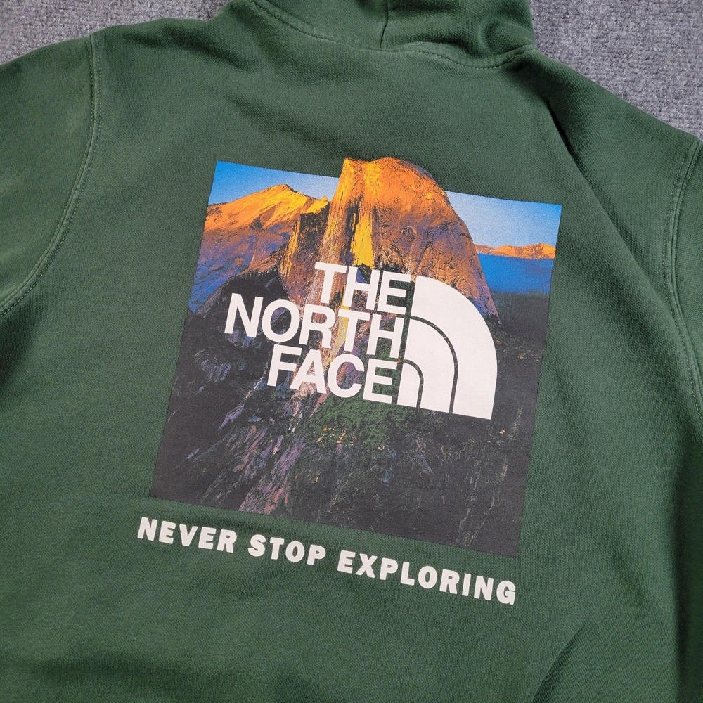 The North Face Hoodie Mens‎ Small Green Pullover Fleece Sweatshirt Graphic Back